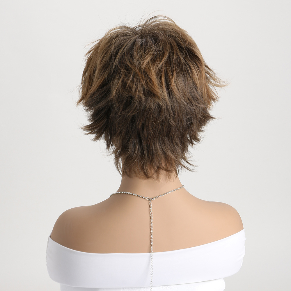 mage of a synthetic wig with headgear, showcasing brown short curly hair in a small curly style for women