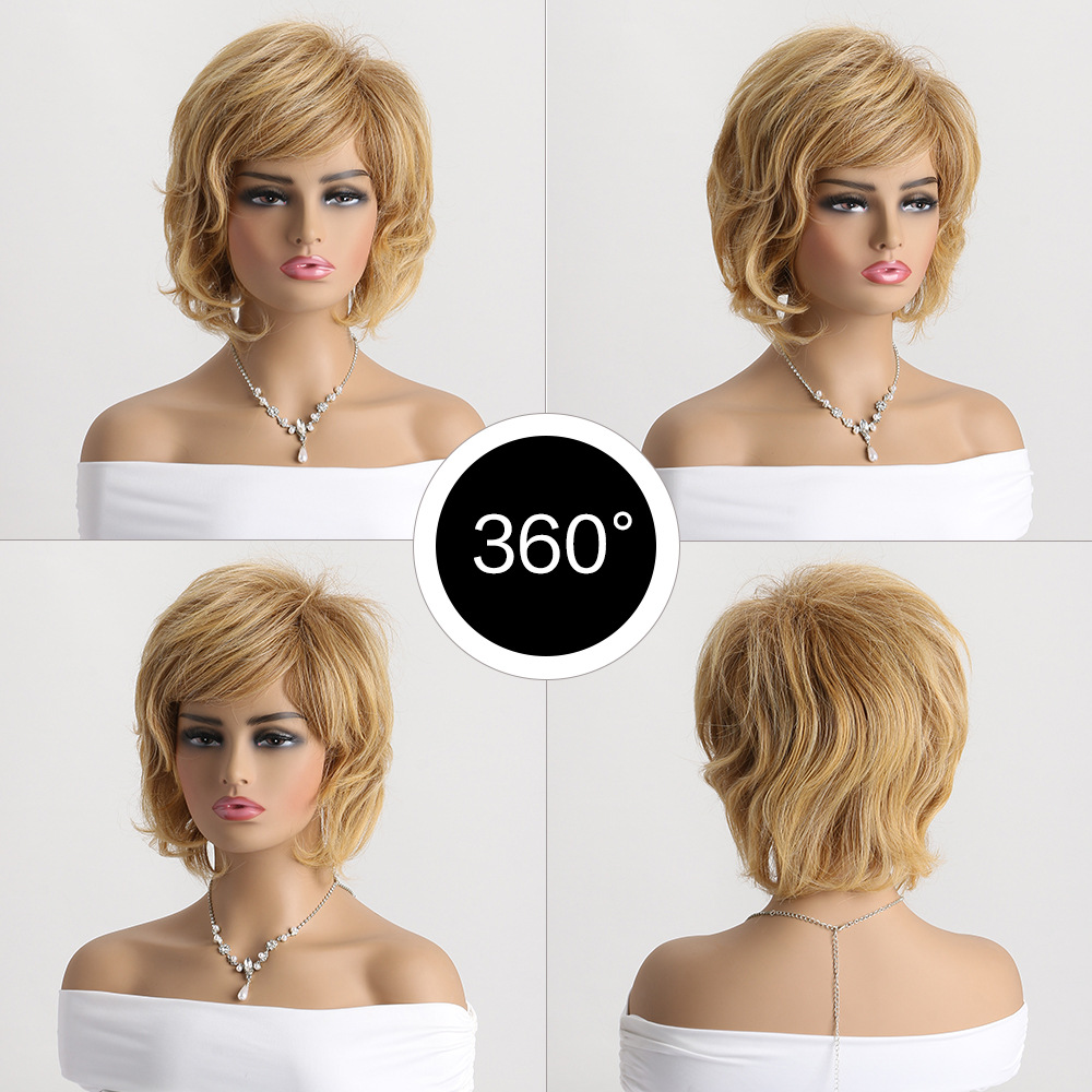 A stylish short curly synthetic wig in light blonde with diagonal bangs, perfect for women