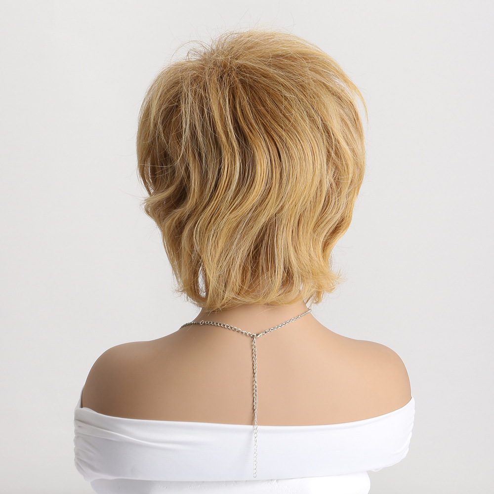 A wig in light blonde, styled as a short curly synthetic wig with diagonal bangs, ideal for women
