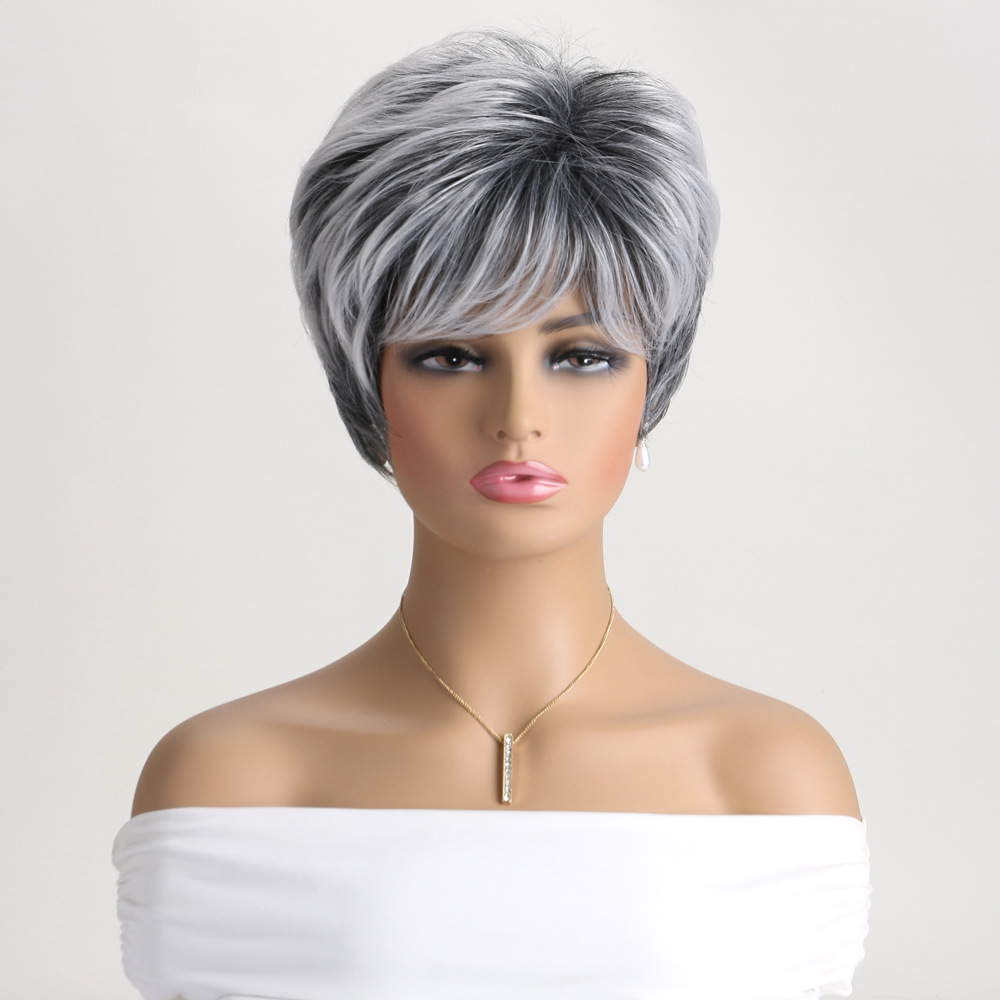 A stylish synthetic wig in gray, featuring a short straight style with fluffy texture, designed for women